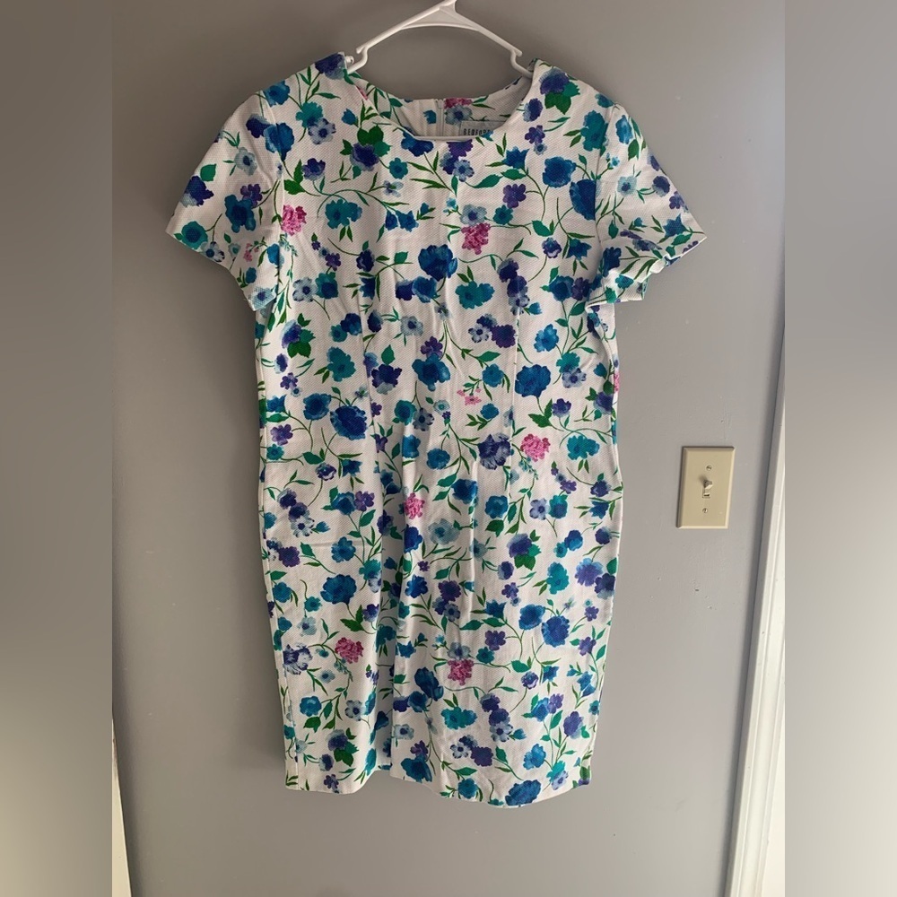 Womens Bedford Fair White Floral Vintage Short Sleeve MIDI Back Zip Dress 16